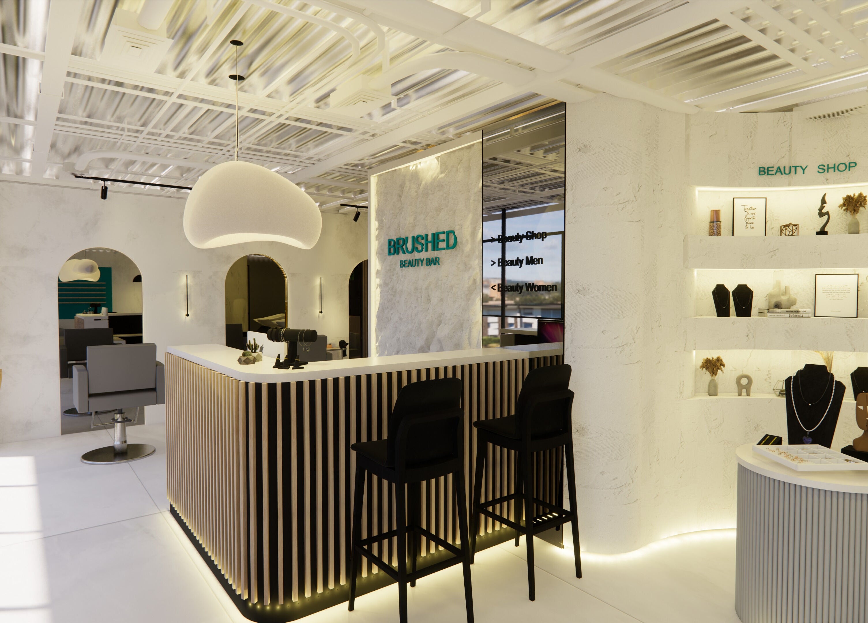 Interior moderno de Brushed Beauty Bar Cumbayá en Quito, Pichincha, EC, con mostrador iluminado y decoración estilizada.