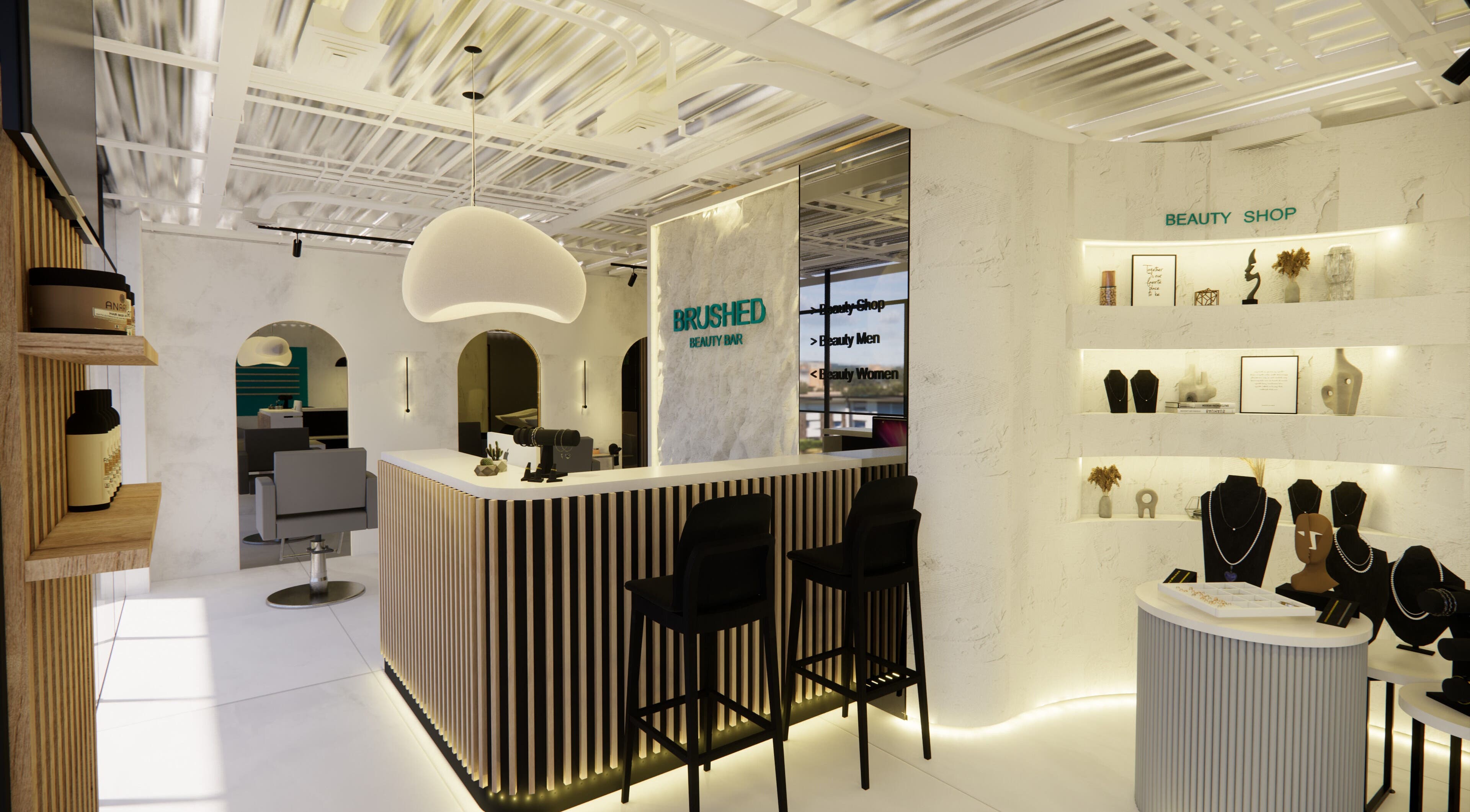 Interior moderno de Brushed Beauty Bar Cumbayá en Quito, Pichincha, EC, con mostrador iluminado y decoración estilizada.