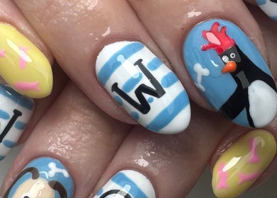 Creative nail art featuring penguin design by Em at The Parlour, Wirral, England, GB.