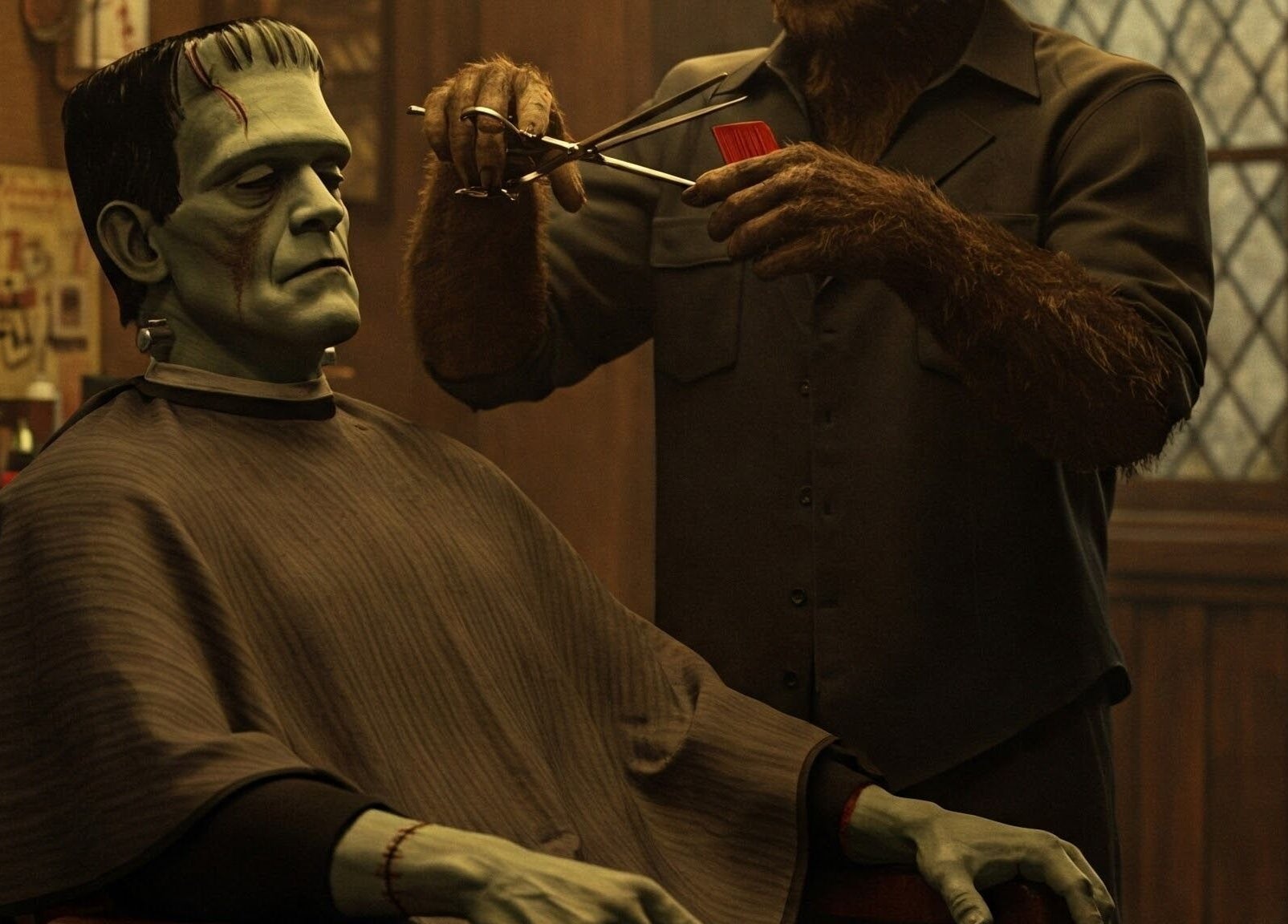 A unique barber scene at Uppercuts Barbershop LLC in Plainfield, Connecticut, US with a monster-themed twist.