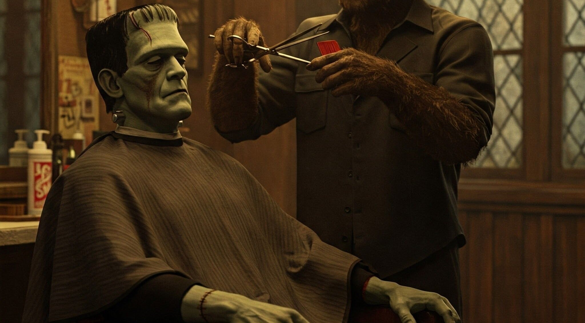 A unique barber scene at Uppercuts Barbershop LLC in Plainfield, Connecticut, US with a monster-themed twist.