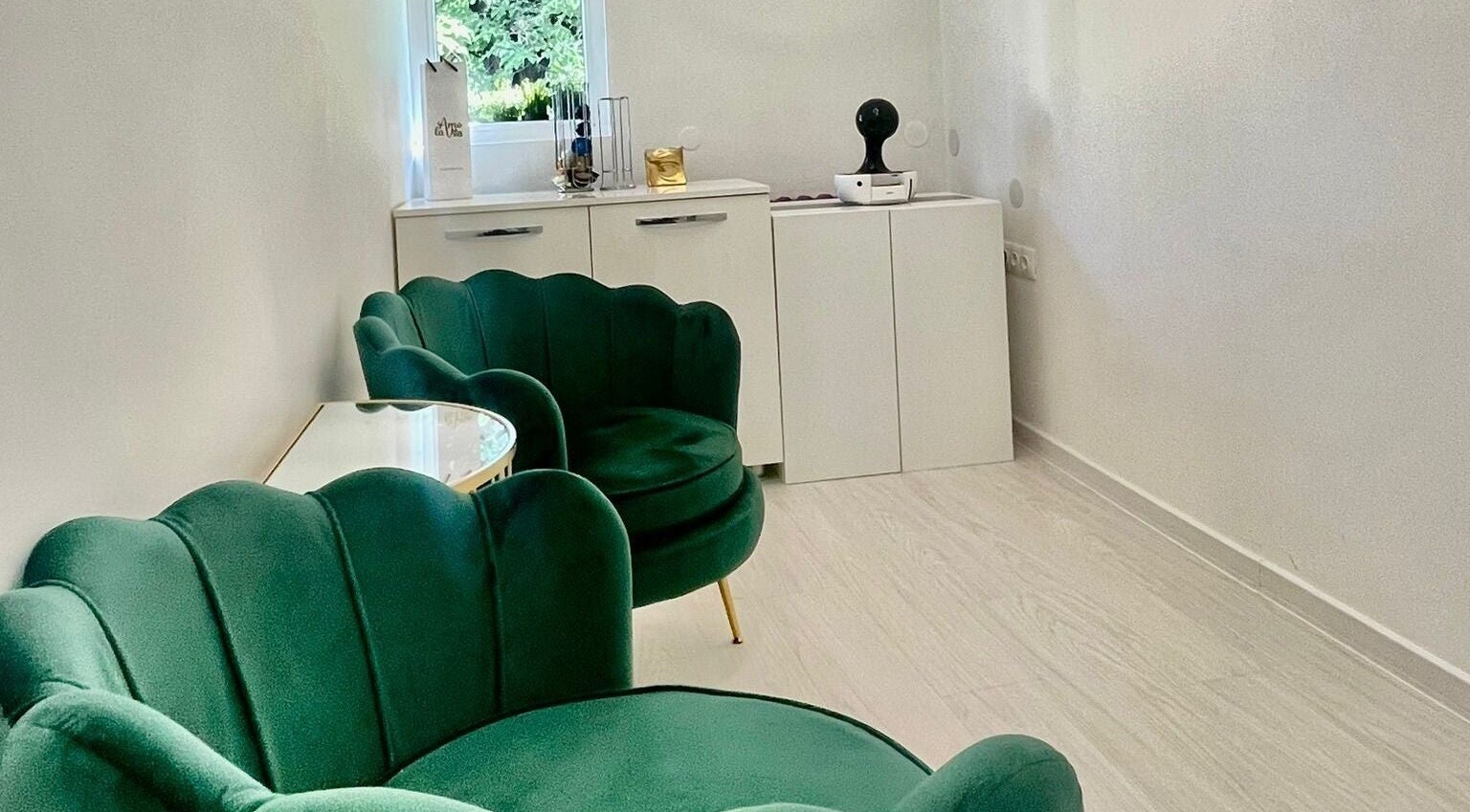 Luxurious green seating area at Dermalife Bulgaria, Sofia, Sofia City Province, BG, showcasing modern elegance.