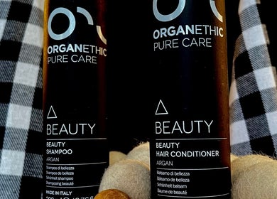 Organethic shampoo and conditioner at Charity at Southern Hair Salon, Cartersville, Georgia, US.
