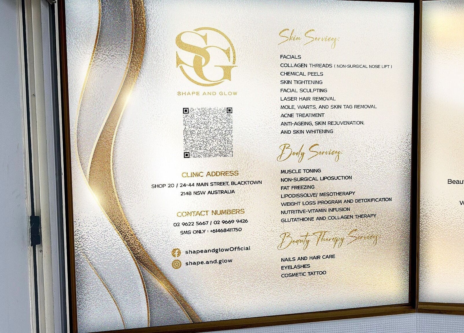 Elegant service menu at Shape and Glow, Blacktown, NSW, AU showcasing beauty and body treatments.