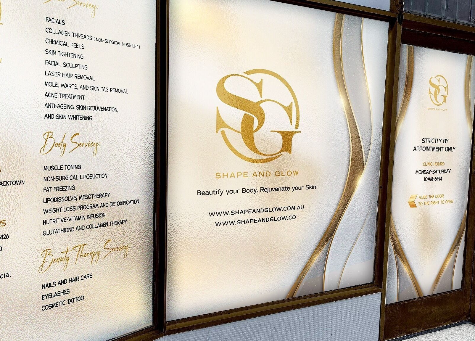 Entrance of Shape and Glow in Blacktown, NSW, AU featuring service list and logo.