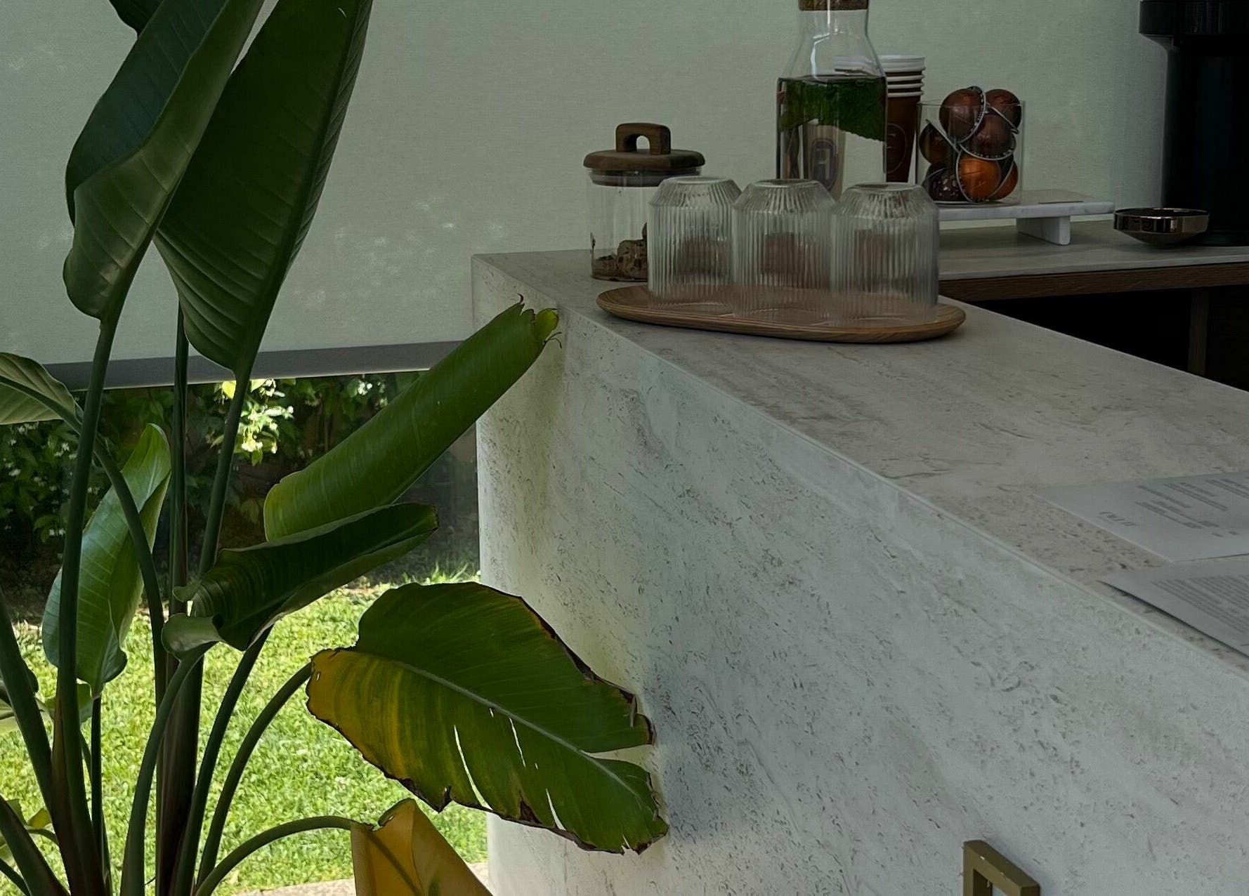 Chic counter with plant and glasses at Face It Mind Skin Bar in Glifada, GR, exuding a tranquil ambiance.