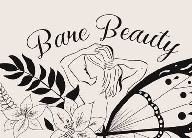 Illustrative logo for Bare Beauty by Nicole, Ellesmere Port, England, featuring floral and butterfly elements.
