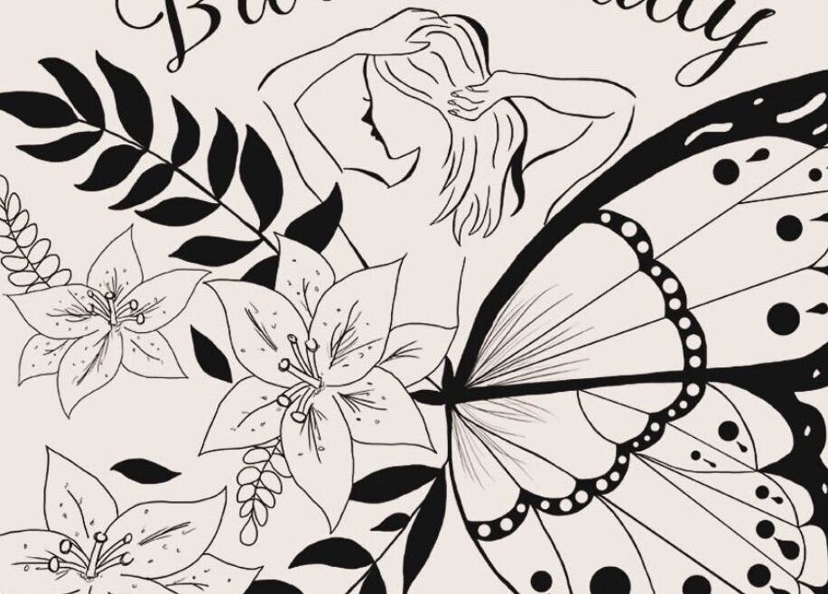 Artistic floral and butterfly design for Bare Beauty by Nicole, Ellesmere Port, England, GB.