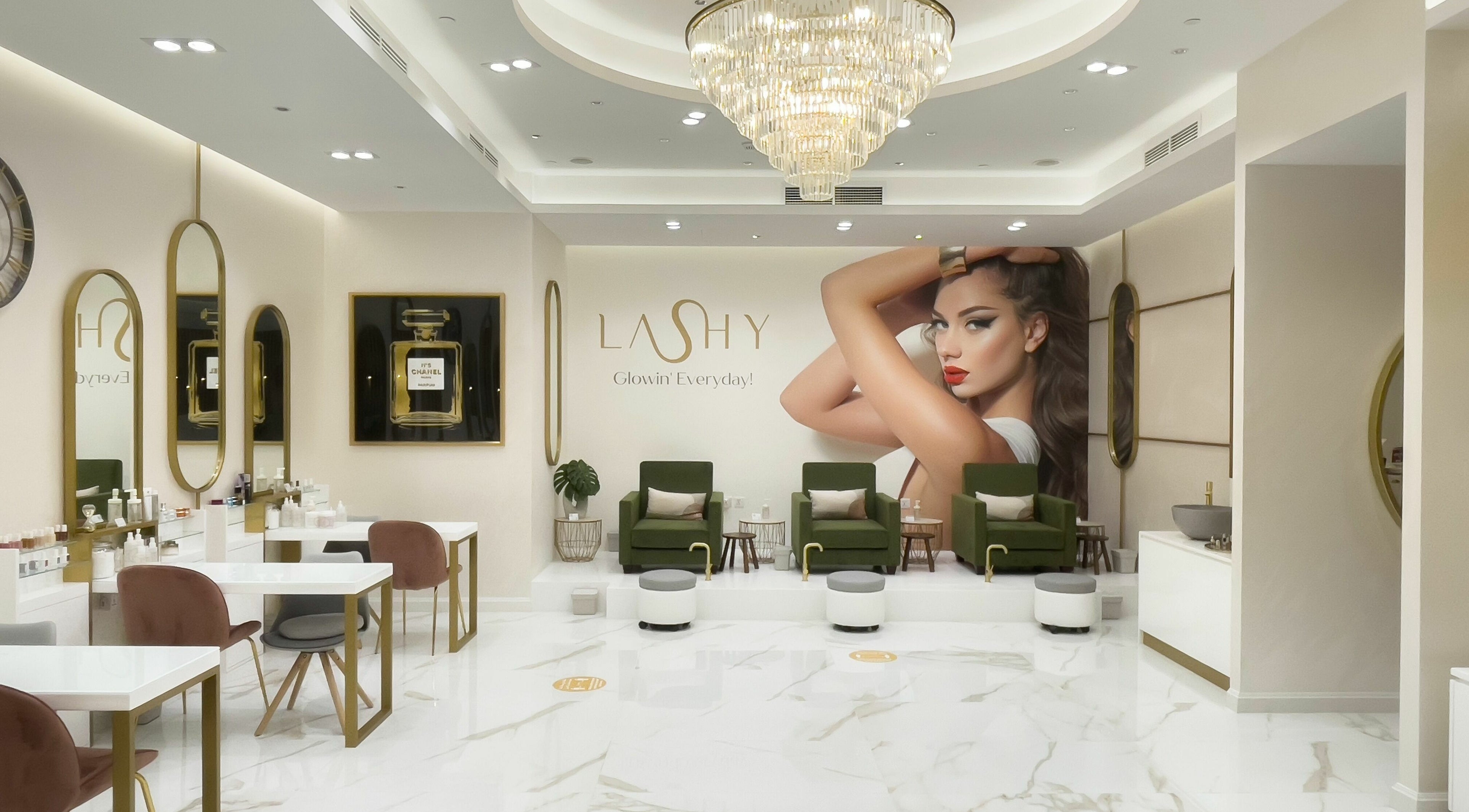 Luxurious interior of Lashy Beauty Lounge in Dubai, AE with chic decor and plush seating.