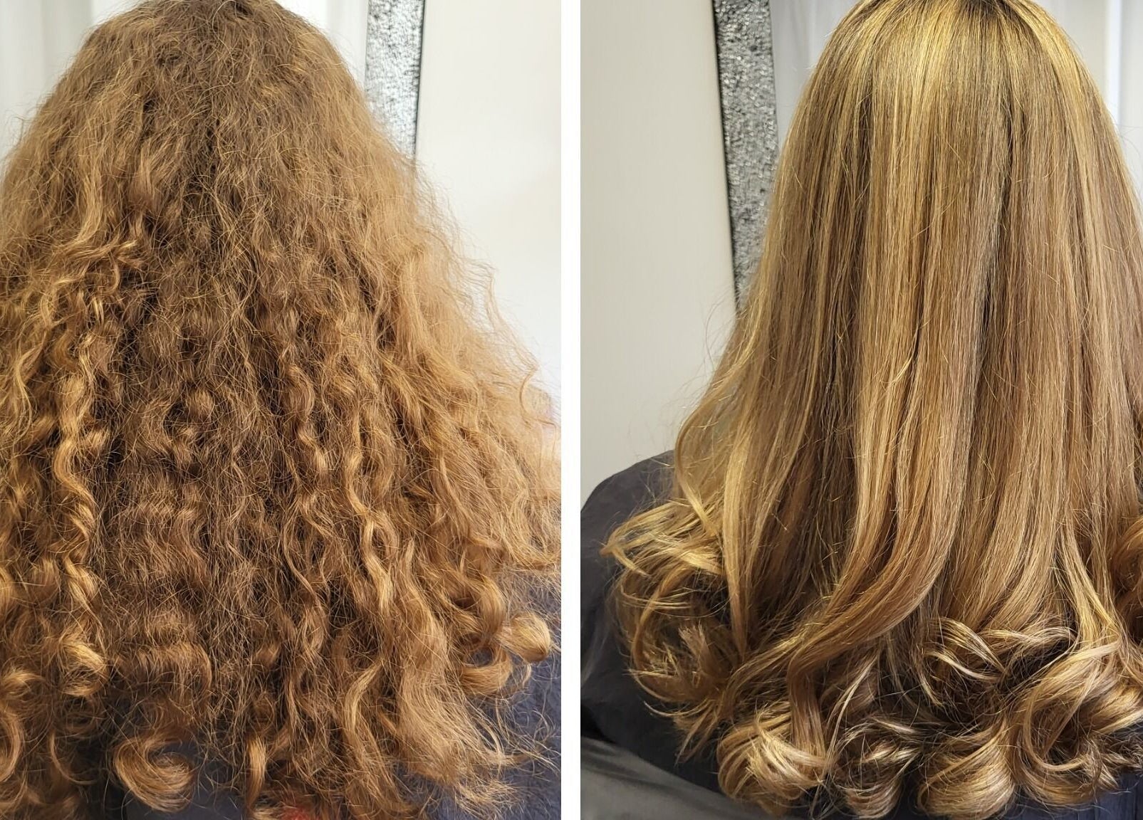 Before and after hair transformation by Hair by Elena P in London, England, GB showcasing curly to straight.