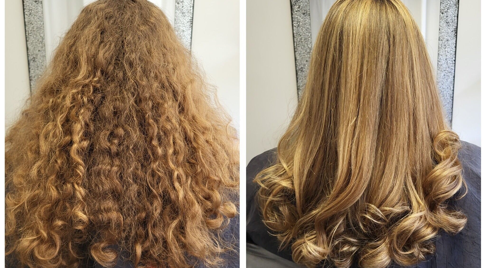 Before and after hair transformation by Hair by Elena P in London, England, GB showcasing curly to straight.