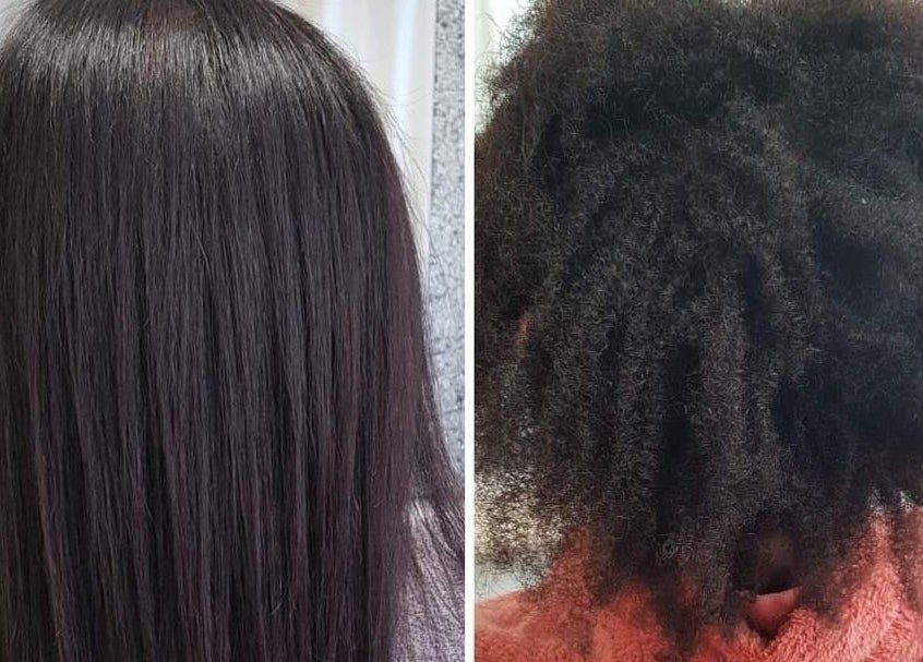 Before and after hair treatment at Hair by Elena P, London, England, GB showcasing sleek, shiny hair results.