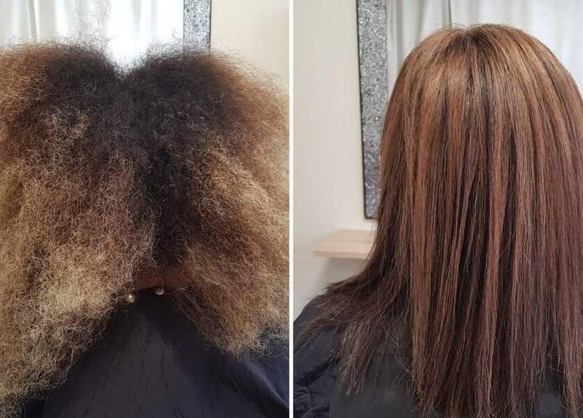 Before and after hair smoothing at Hair by Elena P, London, England, GB.