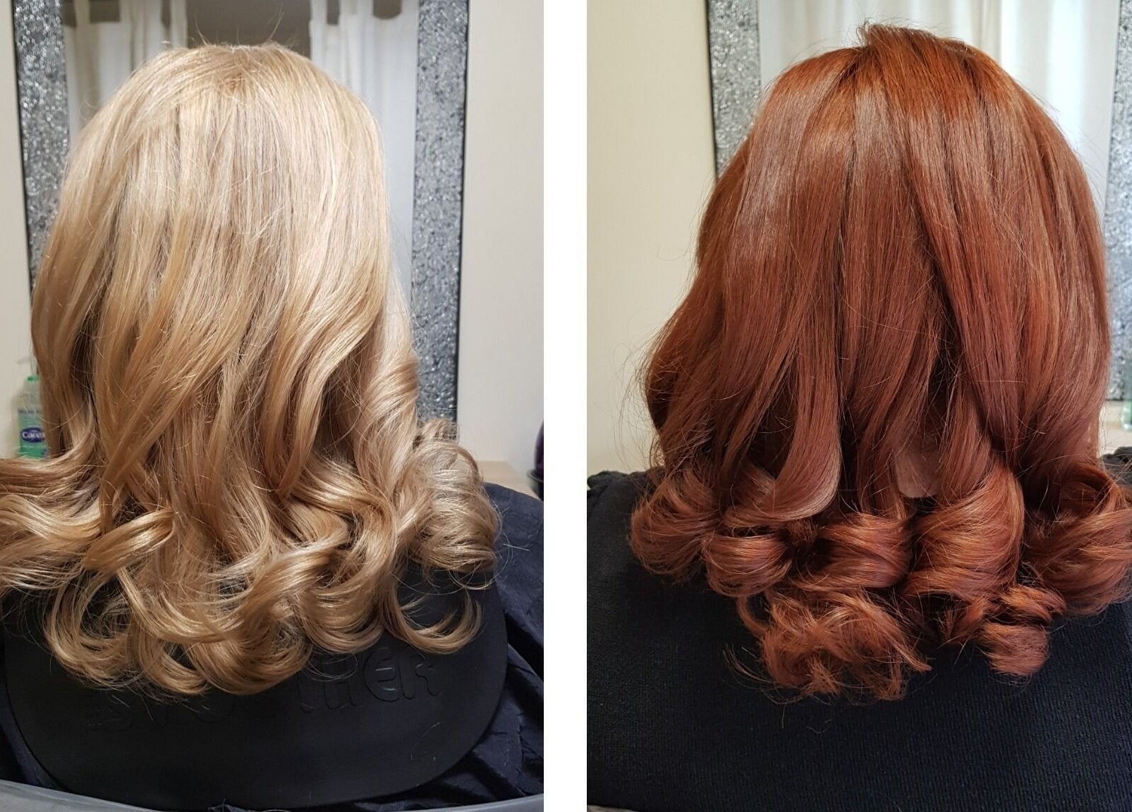 Blonde and auburn curled hairstyles by Hair by Elena P at London, England, GB.