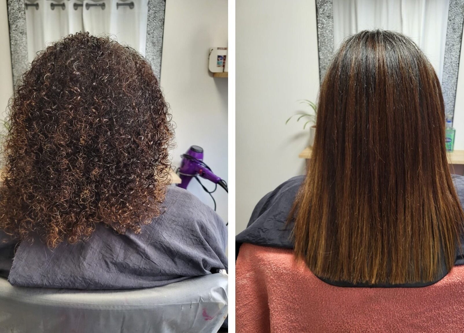Curly to straight hair transformation at Hair by Elena P, London, England, GB.