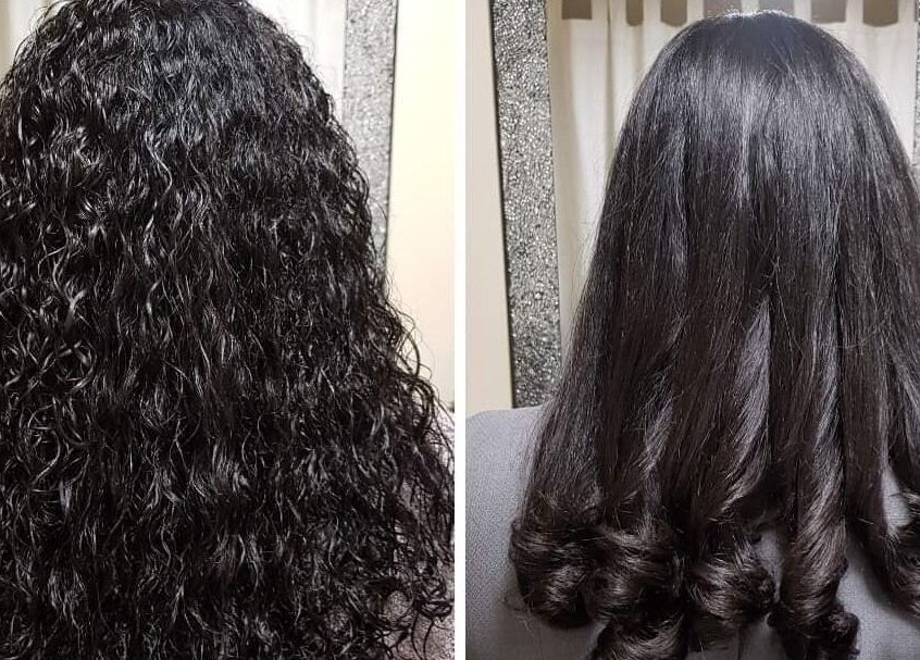 Before and after hair transformation at Hair by Elena P, showcasing sleek curls in London, England, GB.