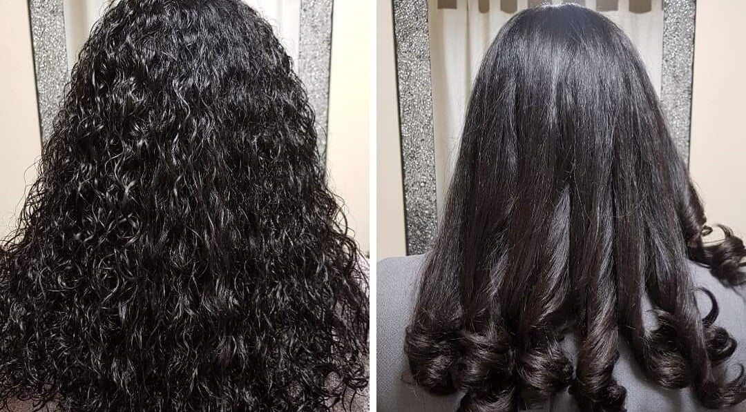 Before and after hair transformation at Hair by Elena P, London, England, GB, showcasing sleek and curly styles.