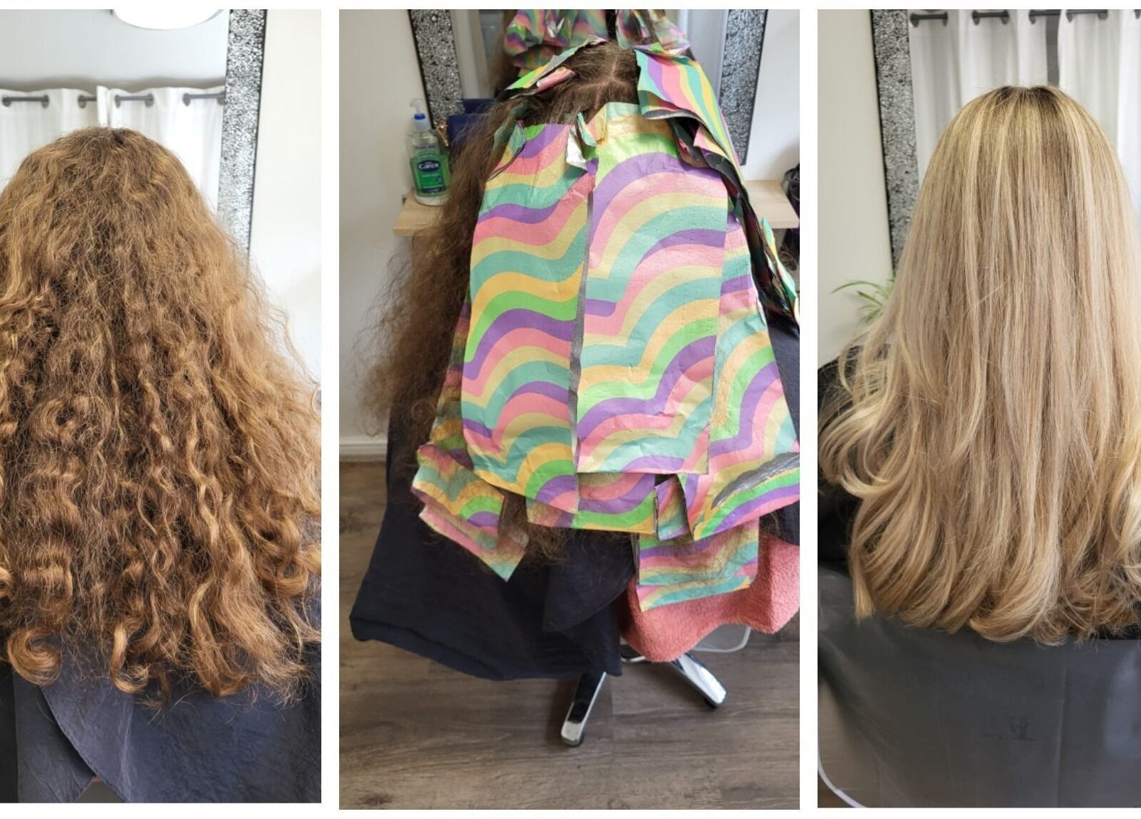 Transformation at Hair by Elena P, London, England, GB: curly hair to sleek blonde finish.