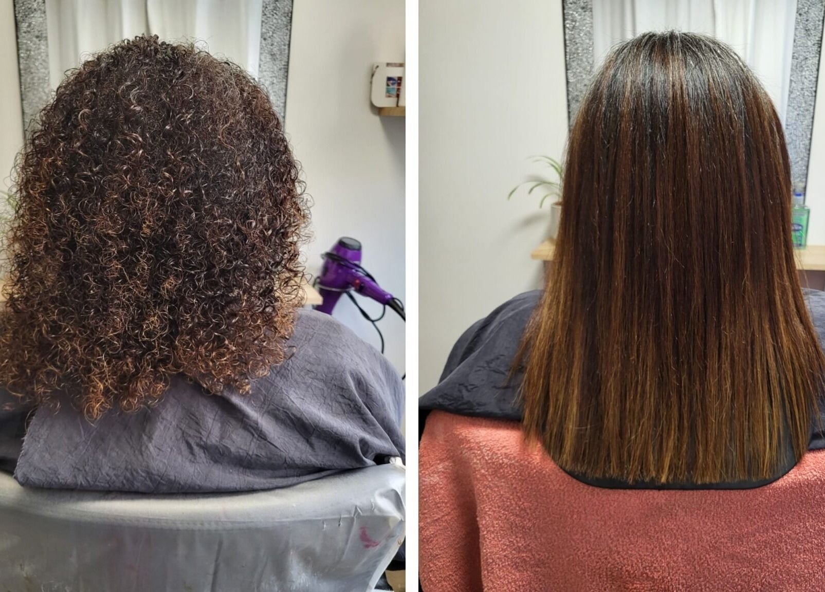 Transformation of curly to straight hair at Hair by Elena P, London, England, GB.
