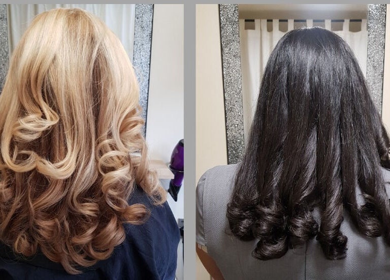 Elegant curled hairstyles by Hair by Elena P in London, England, GB, showcasing blonde and brunette styles.