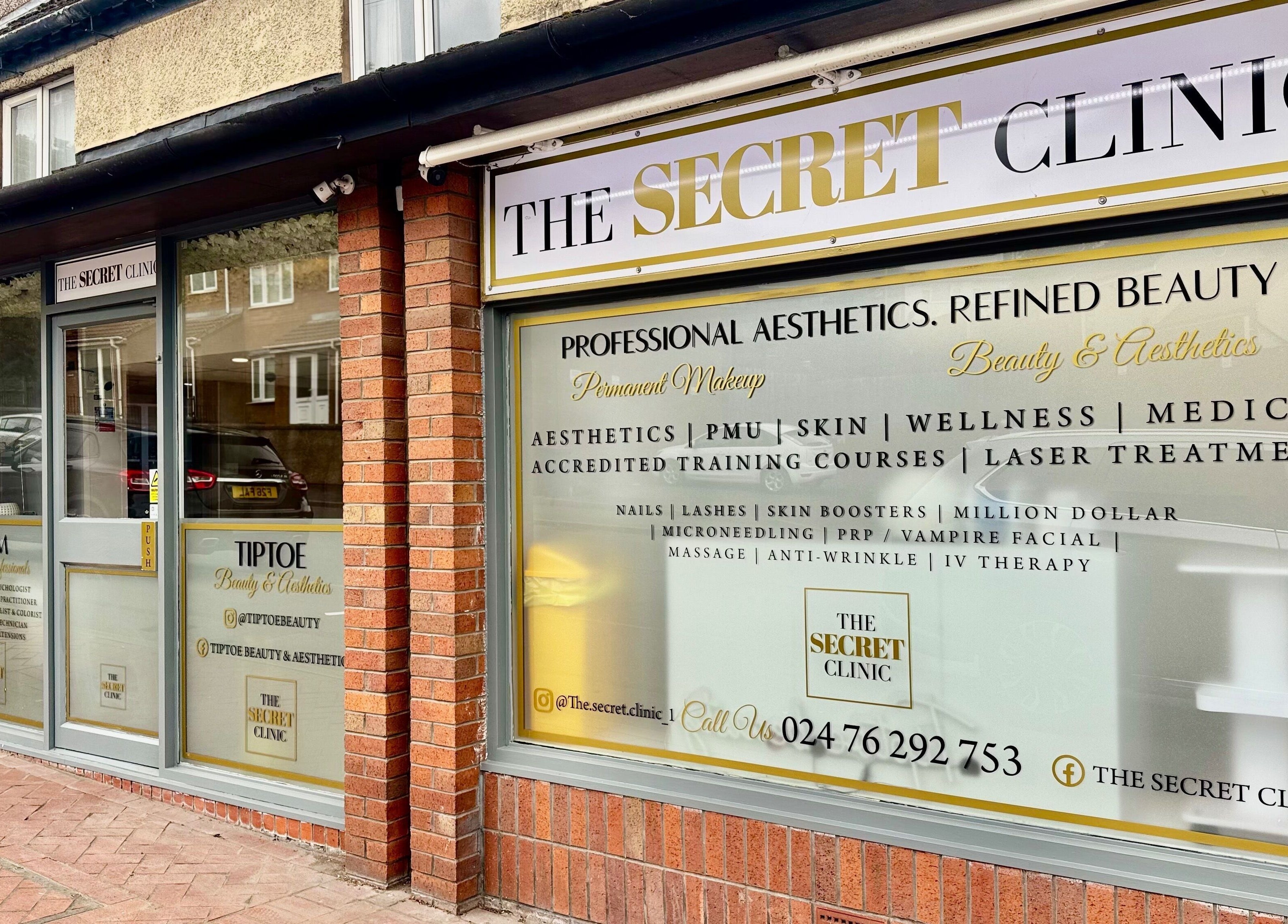 Front view of The Secret Clinic✨️ in Nuneaton, England MP, GB showcasing aesthetic services signage.
