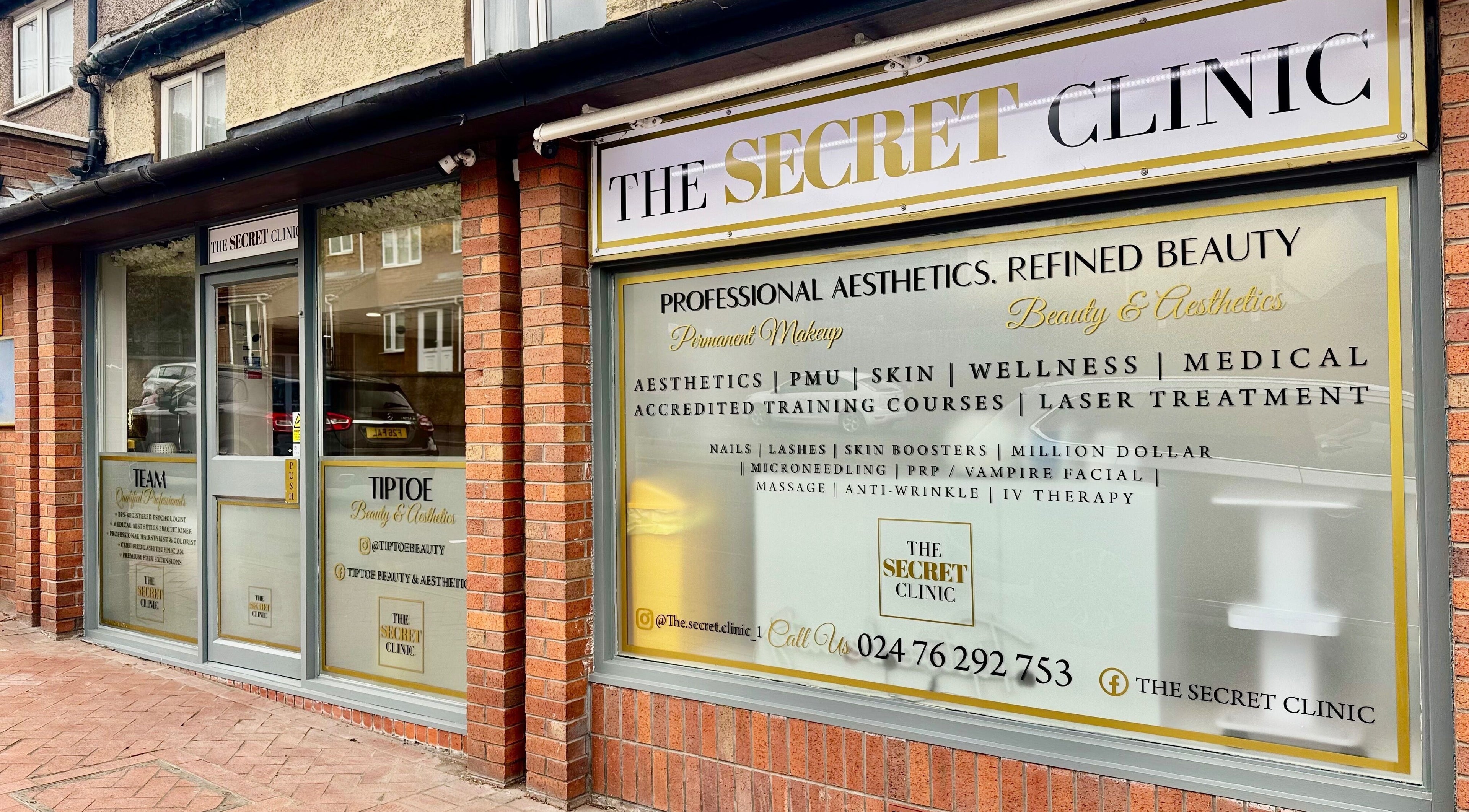 Front view of The Secret Clinic✨️ in Nuneaton, England MP, GB showcasing aesthetic services signage.