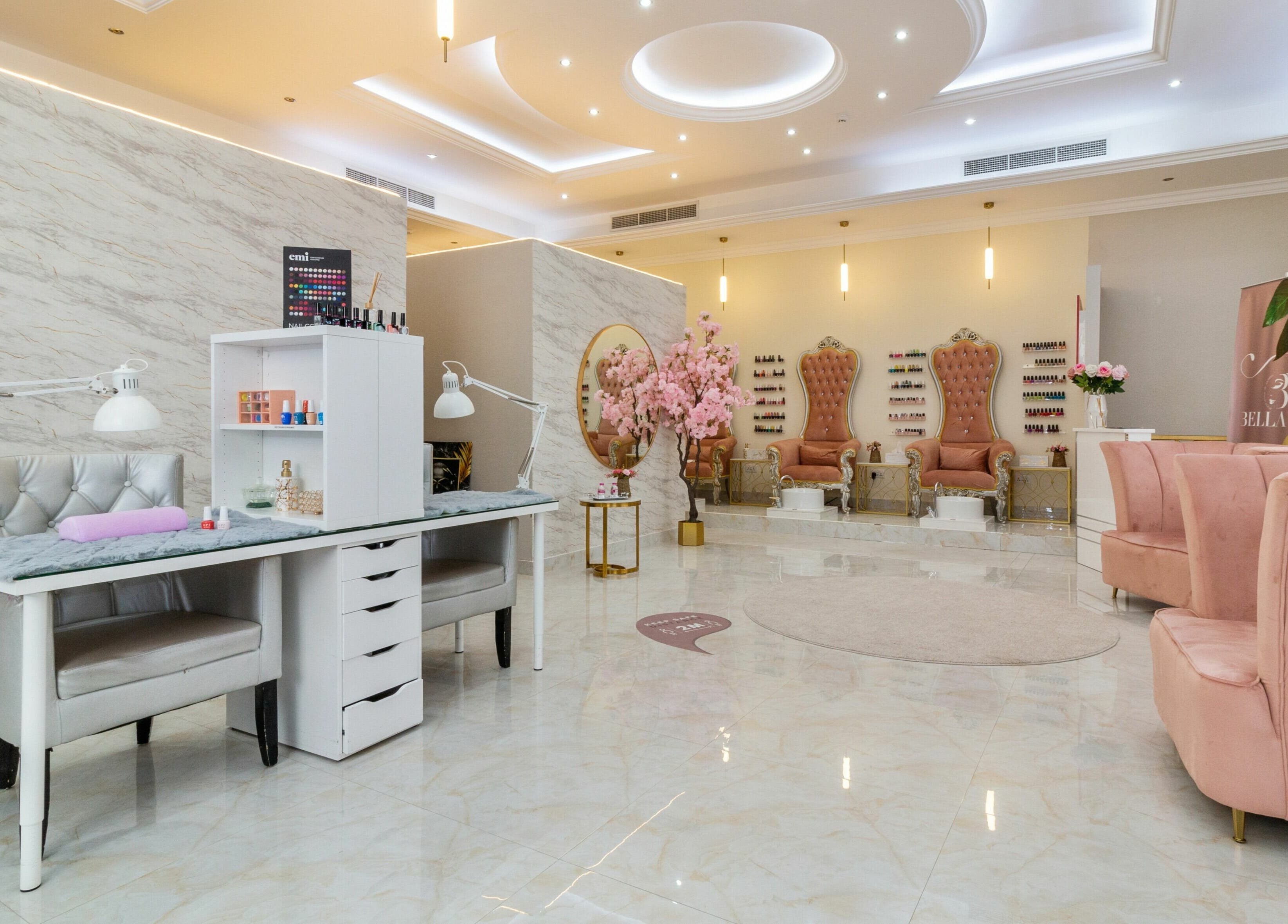 Elegant interior of BellaVie Beauty Salon and Spa in Dubai, AE featuring plush seating and modern decor.