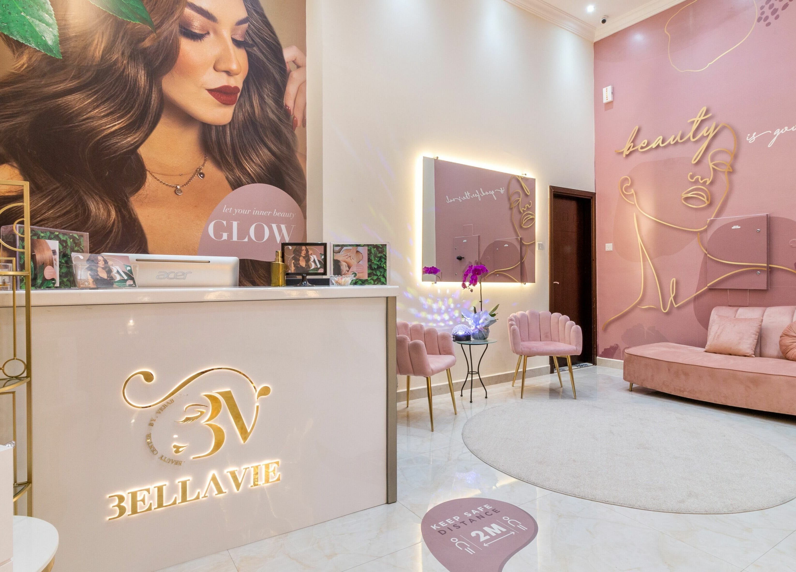 Reception area of BellaVie Beauty Salon and Spa, Dubai, AE with elegant decor and seating.