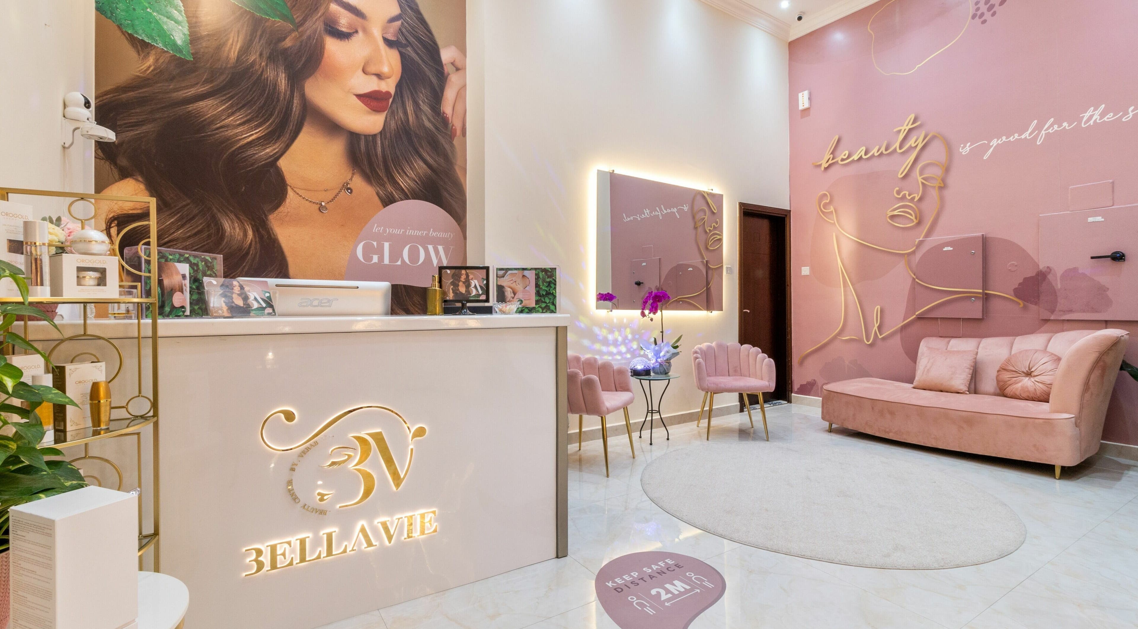 Reception area of BellaVie Beauty Salon and Spa, Dubai, AE with elegant decor and seating.
