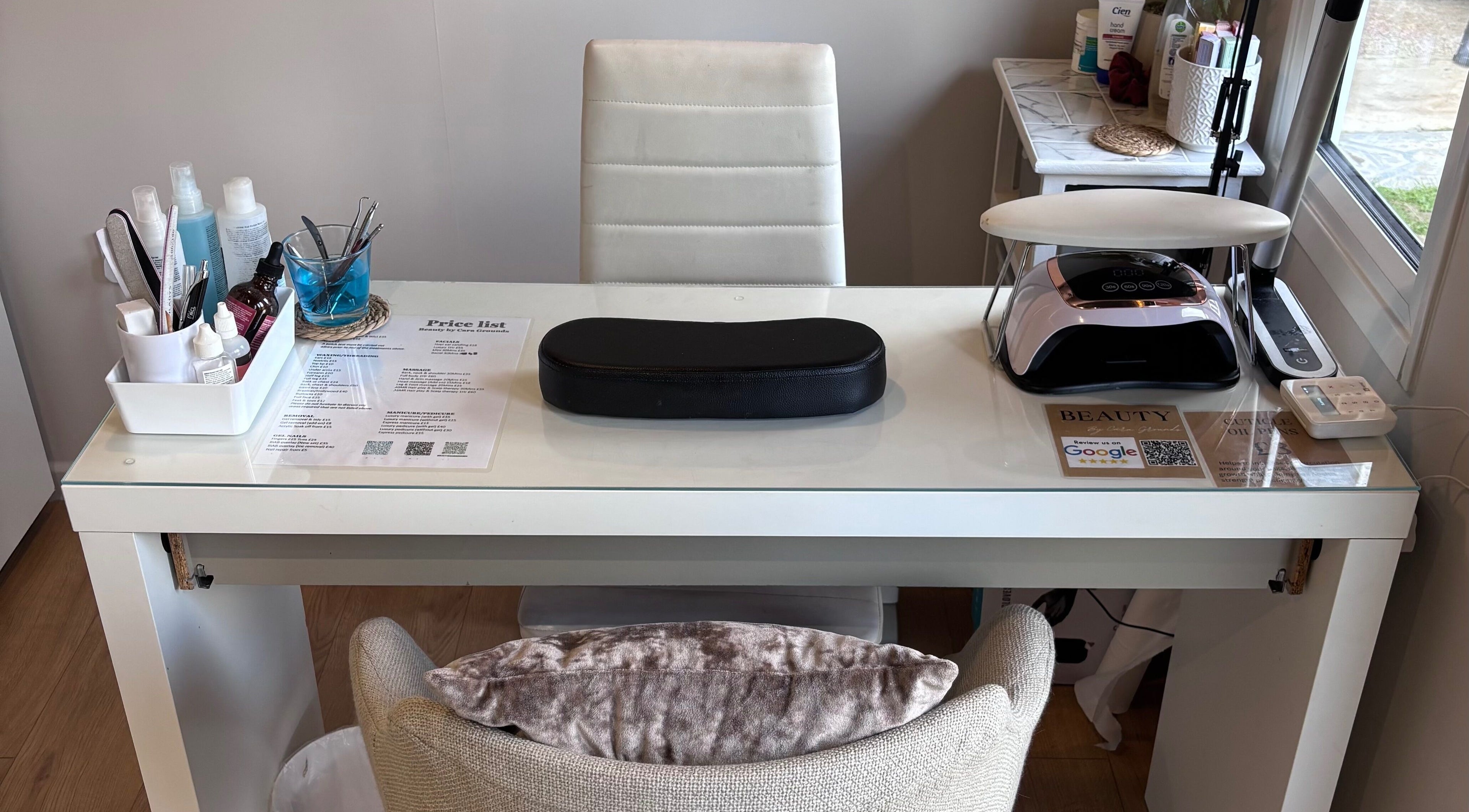 Beauty by Cara Grounds manicure station in Ramsgate, England, GB. Organized with tools and products.