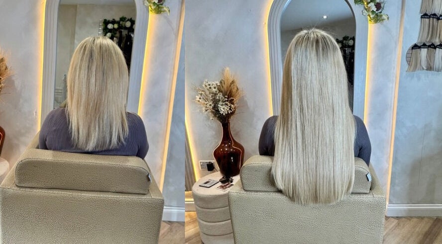 Before and after blonde hair transformation at Valentina Hair and Skin in Sandbach, England, GB.