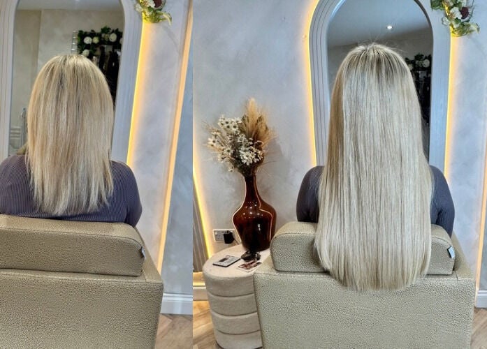 Hair transformation at Valentina Hair and Skin, Sandbach, England, GB with stunning blonde extension results.