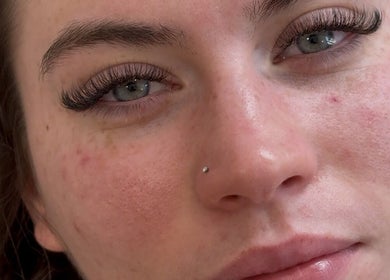 Close-up of elegant eyelash extensions at Lous L.A.B, Tonbridge, England, GB.