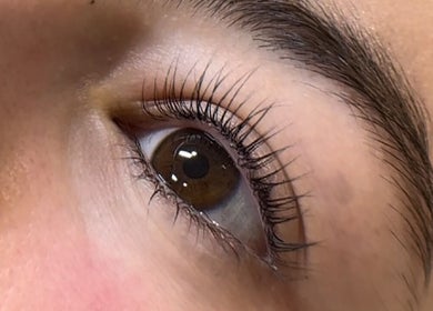 Close-up of eye with beautiful lashes at Lous L.A.B, Tonbridge, England, GB.