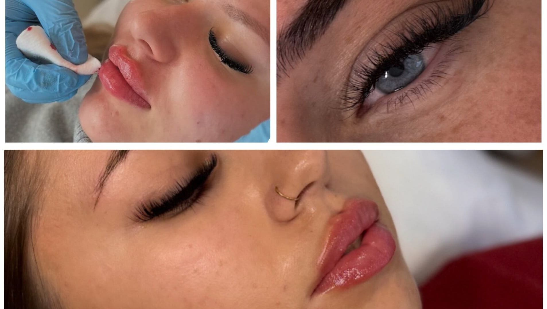 Close-ups of stunning eyelash extensions and lip enhancements at Lous L.A.B, Tonbridge, England, GB.