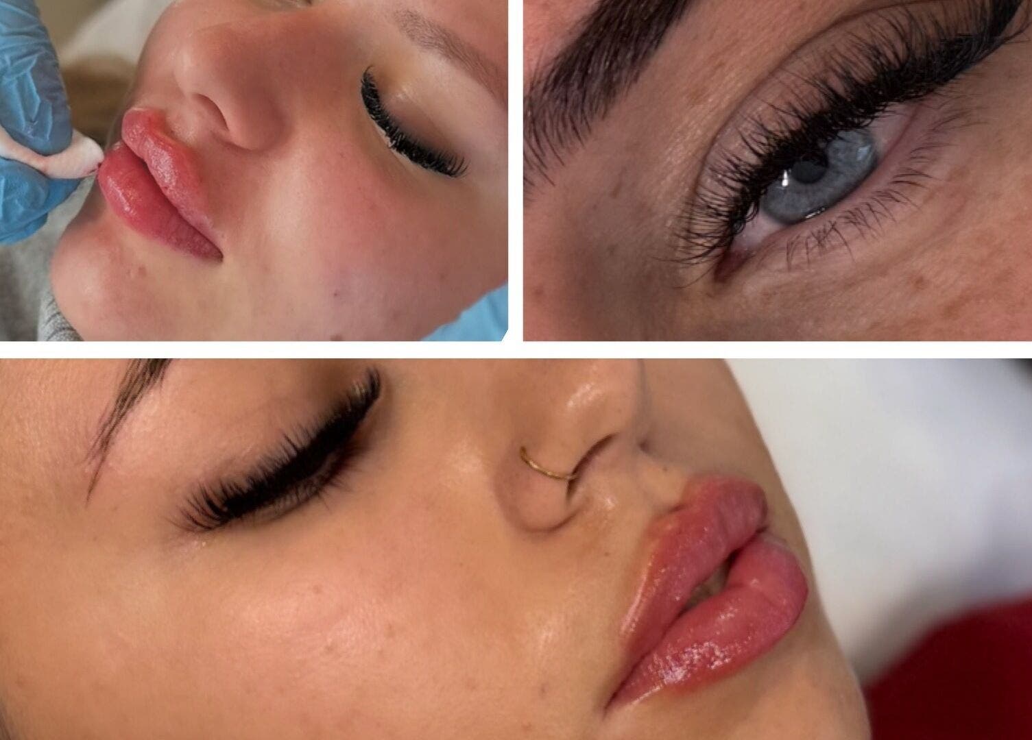 Close-ups of stunning eyelash extensions and lip enhancements at Lous L.A.B, Tonbridge, England, GB.