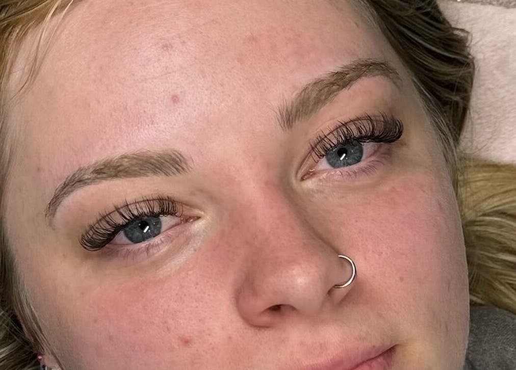 Close-up of a client with eyelash extensions at Lous L.A.B, Tonbridge, England, GB.