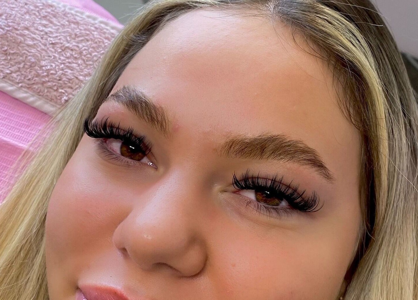 Close-up of fresh eyelash extensions at Lashes with Ange, Varsity Lakes, Queensland, AU.