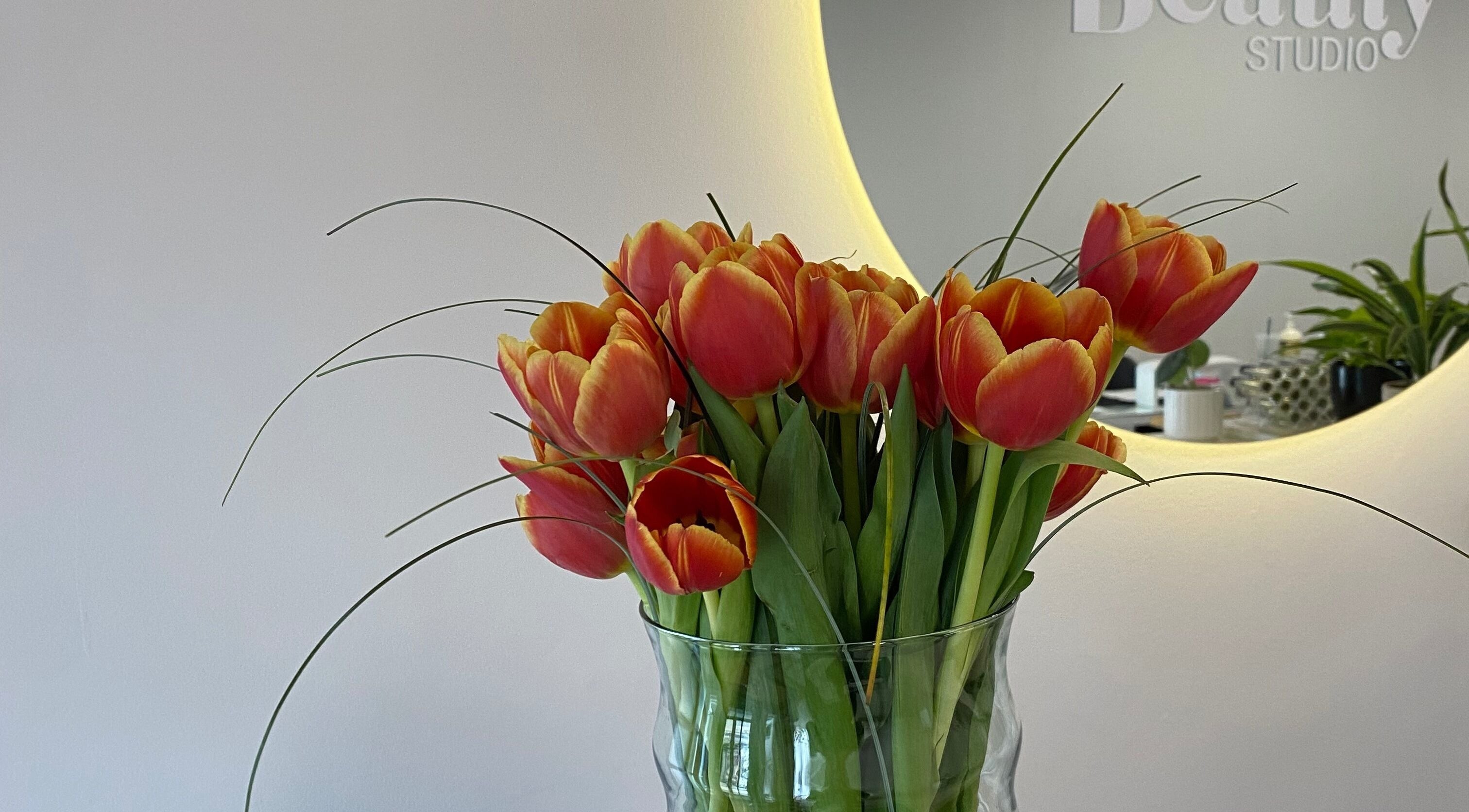 Vibrant tulips in a vase at Blanca Beauty Bar, London, Ontario, CA.