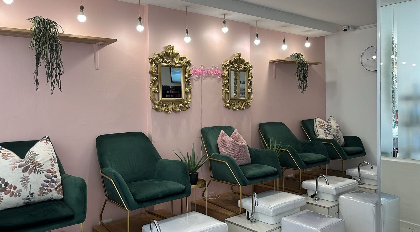 Luxe seating area at The Glam Bar, Hair, Nails, Skin, Lash Beauty Bar in Cape Town, Western Cape, ZA.