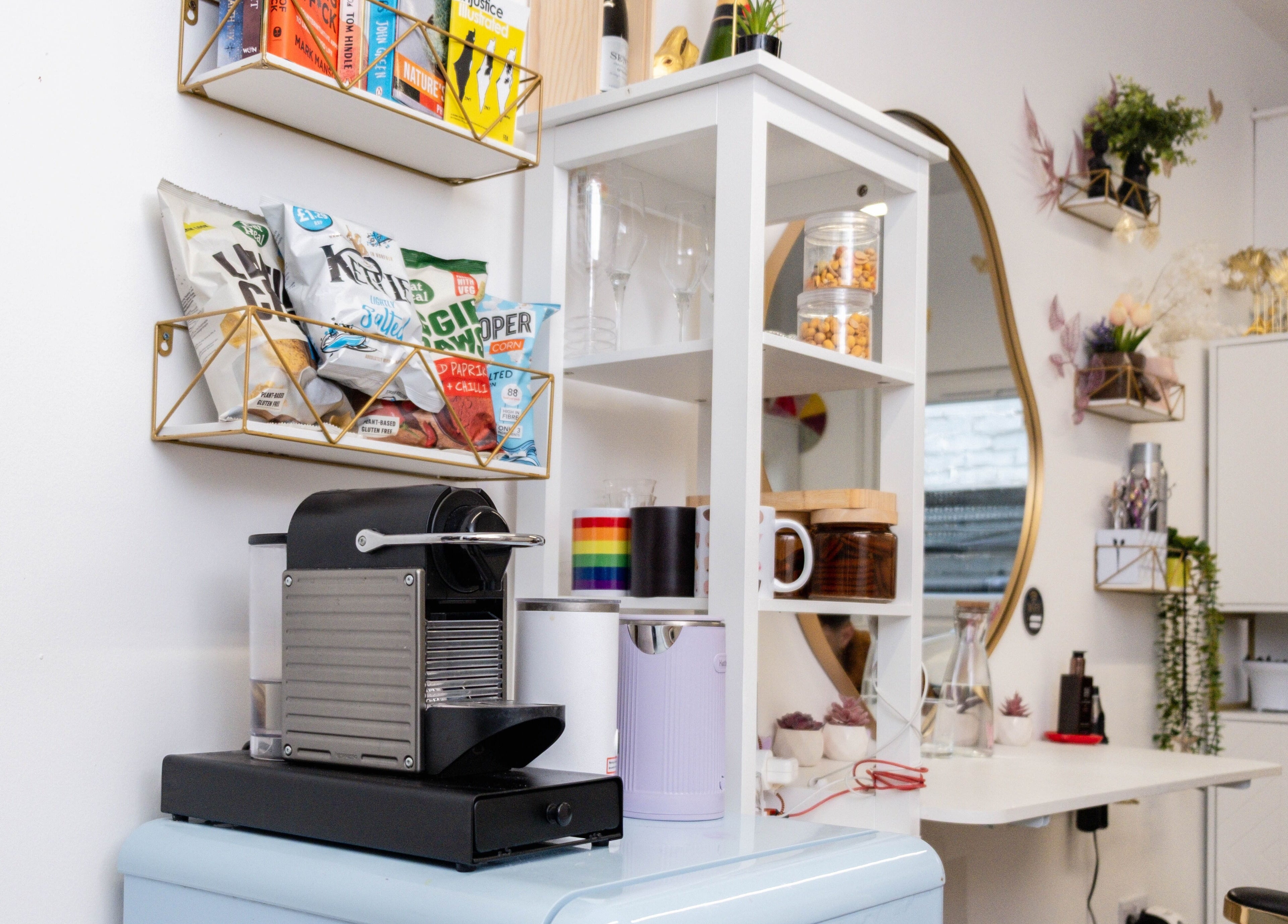 Stylish coffee nook at Fededamians - Fhairy Studio, London, England, GB, featuring chic shelving and decor.