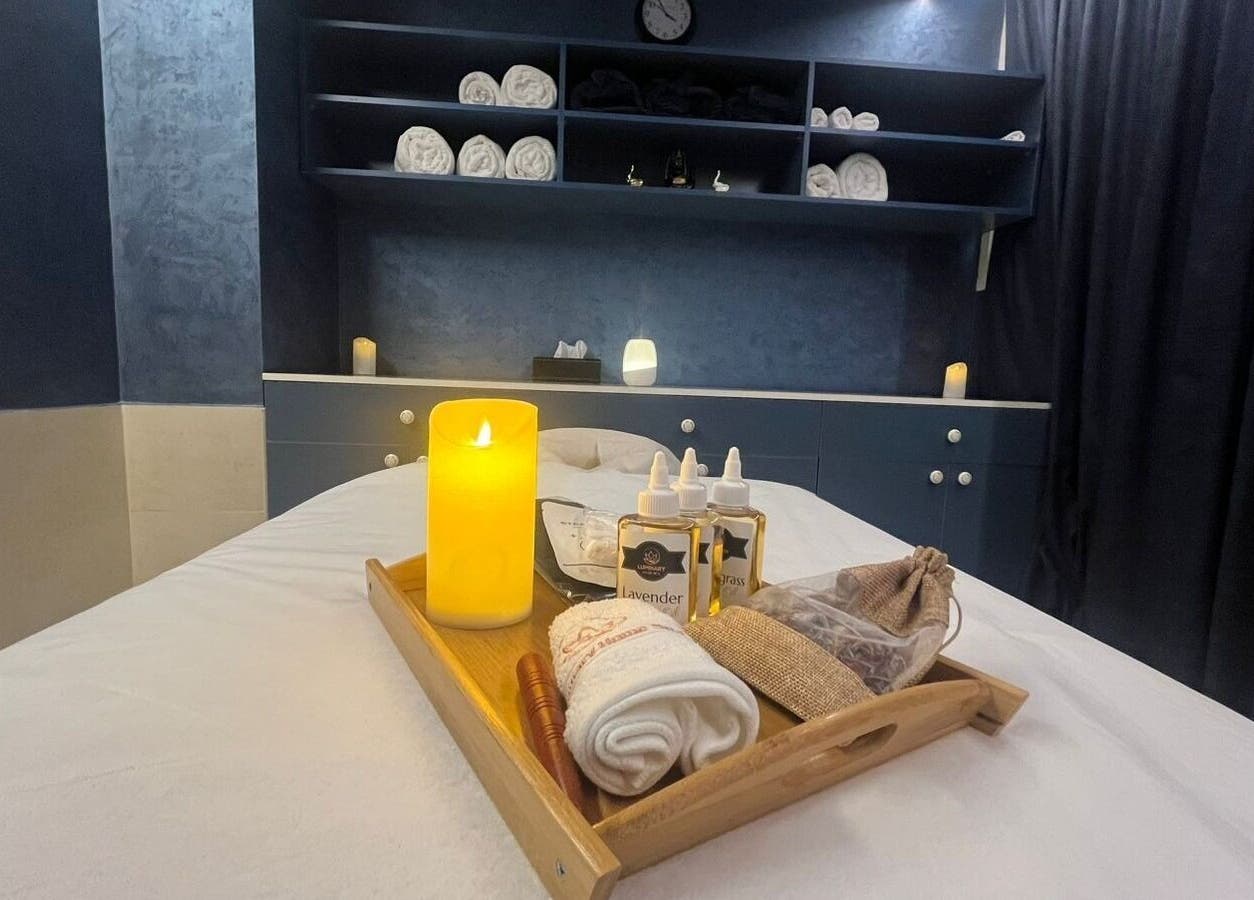 Luxurious treatment room with massage oils at Luminary Spa (Premium Ladies Salon & Spa), Abu Dhabi, Abu Dhabi, AE.