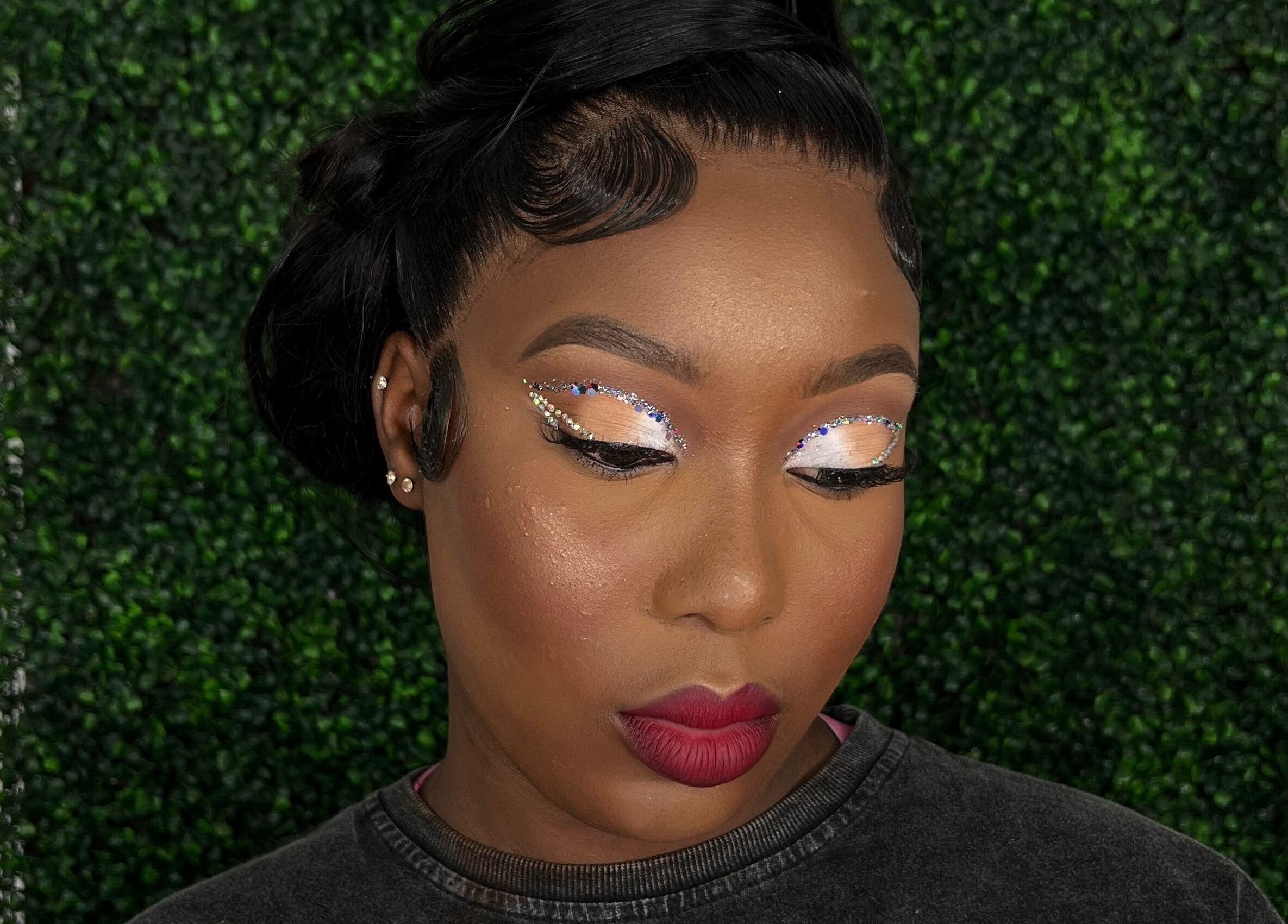 Elegant eye makeup with rhinestones at Facebydrea, Kingston, St. Andrew Parish, JM.