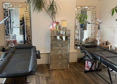 Interior of Queen Lashes in Leicester, England, GB showcasing elegant lash treatment beds and decor.