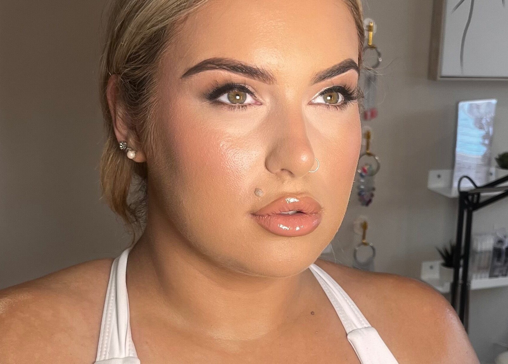 Close-up of a woman with flawless makeup at Poise Studio, Rawmarsh, England, GB.