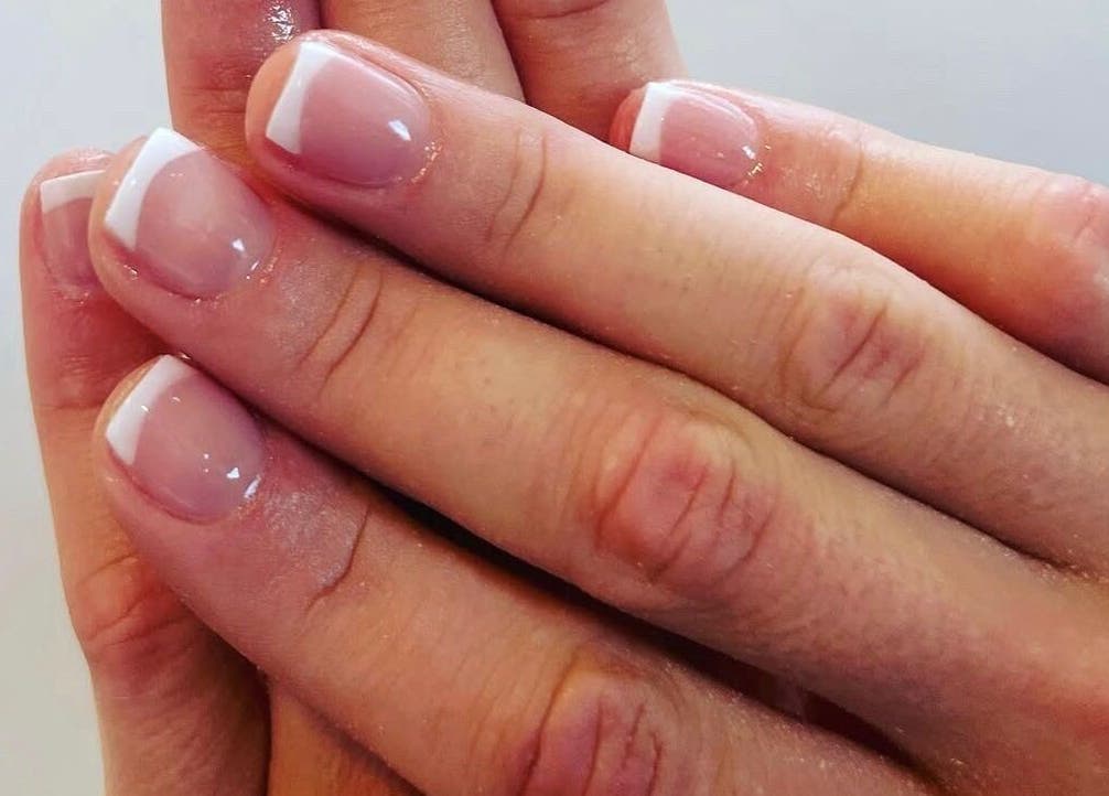 Close-up of elegant French manicure at Eternal by Adriana, Prenton, England, GB.