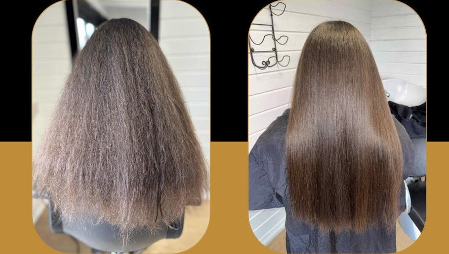Before and after hair transformation at Kerashine, Beith, Scotland, GB, showing healthy, straight hair results.