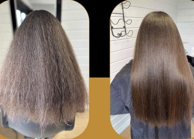Before and after hair transformation at Kerashine, Beith, Scotland, GB, showing healthy, straight hair results.