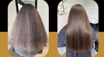 Before and after hair transformation at Kerashine, Beith, Scotland, GB, showing healthy, straight hair results.