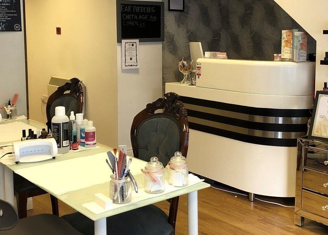 Nail care station at Bay Beauty Academy, Whitley Bay, England, GB featuring stylish decor and manicure tools.